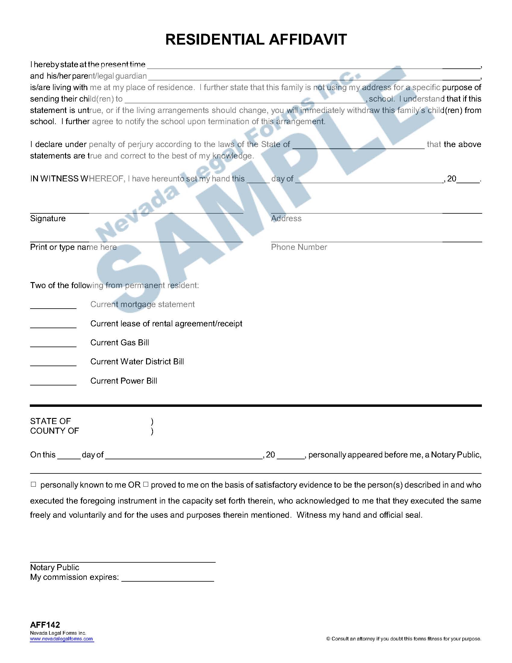 Residential Affidavit Nevada Legal Forms Services