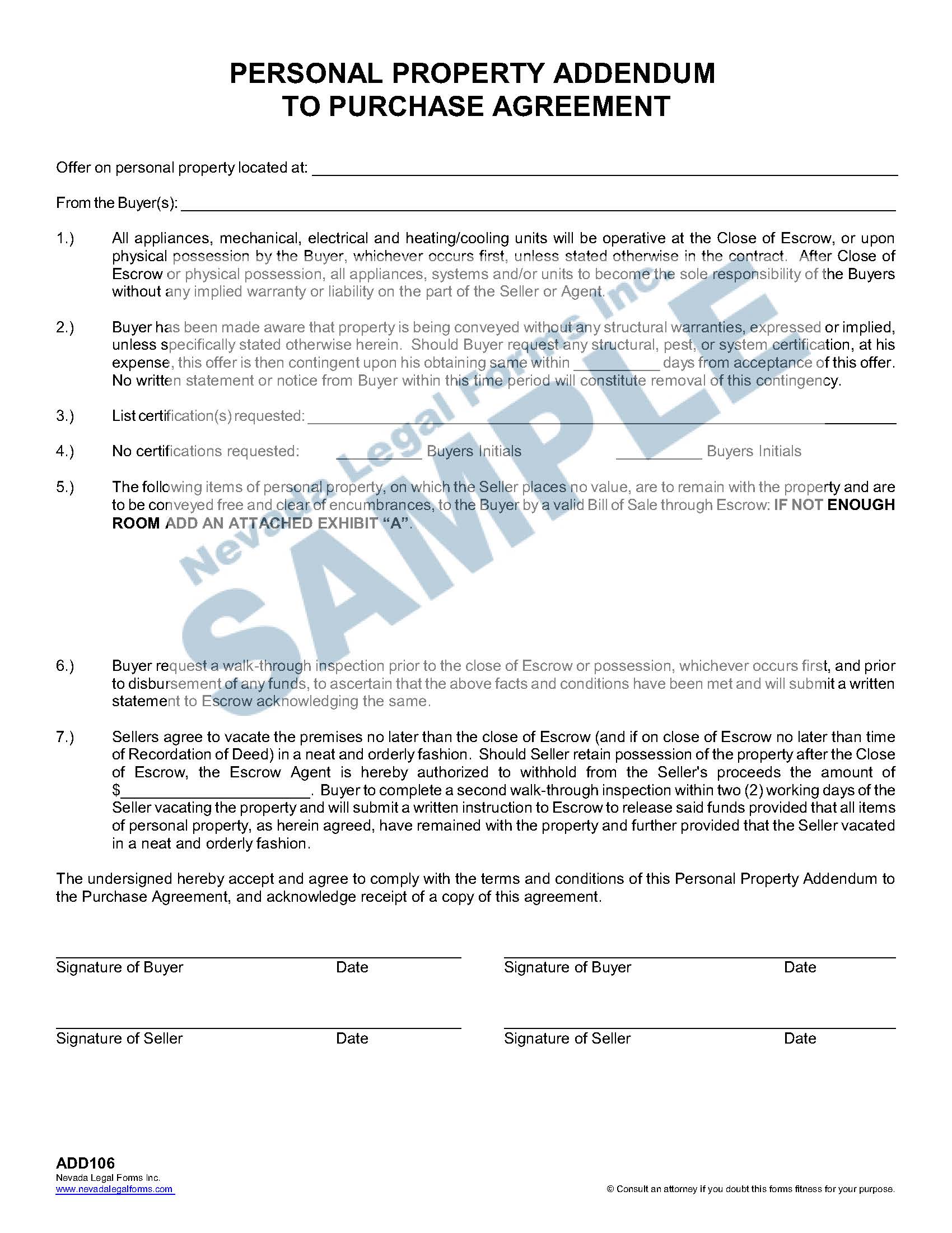 PERSONAL PROPERTY ADDENDUM TO PURCHASE AGREEMENT Nevada Legal Forms