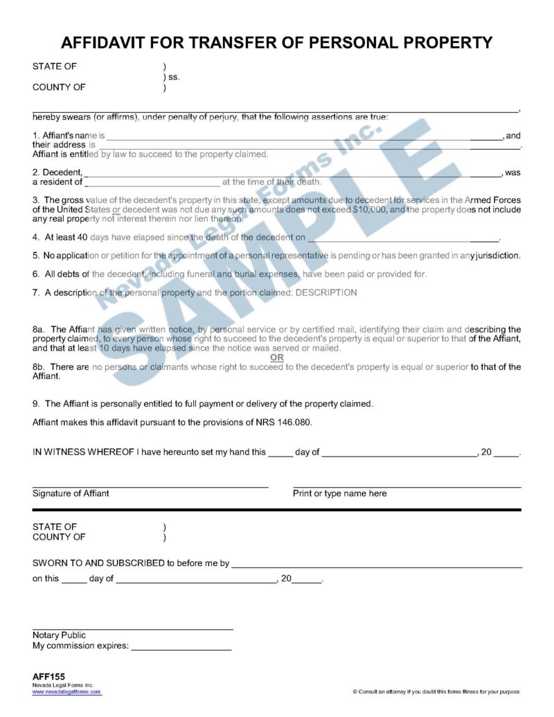 Affidavit For Transfer Of Personal Property Nevada Legal Forms And Services