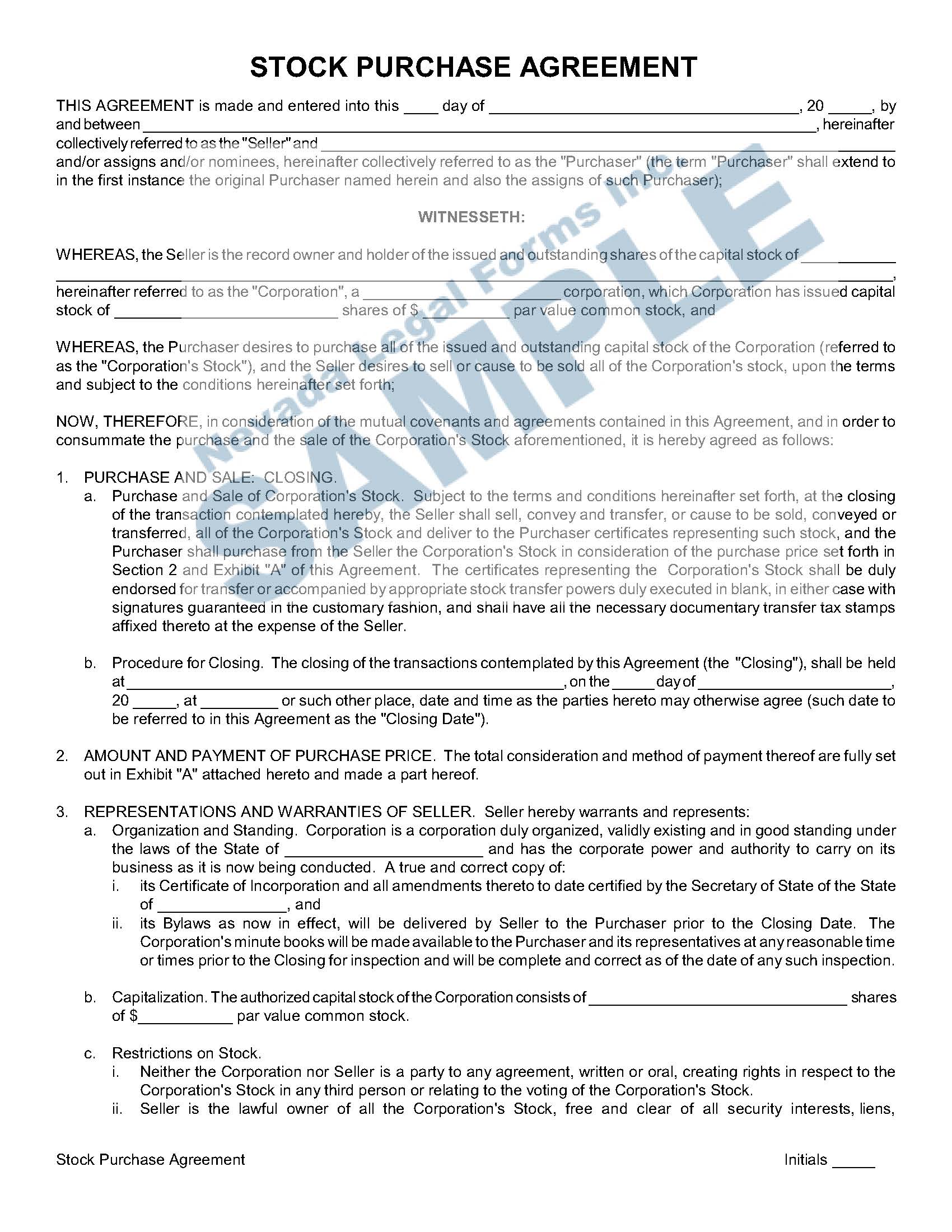 STOCK PURCHASE AGREEMENT With Regard To restricted stock purchase agreement template