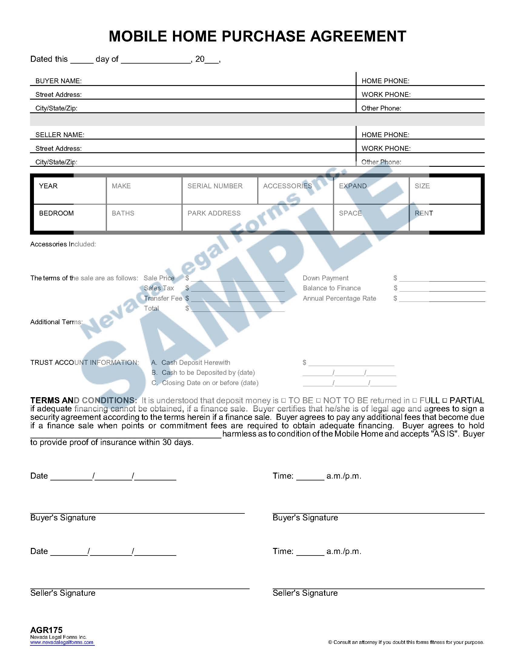 mobile home purchase agreement nevada legal forms services