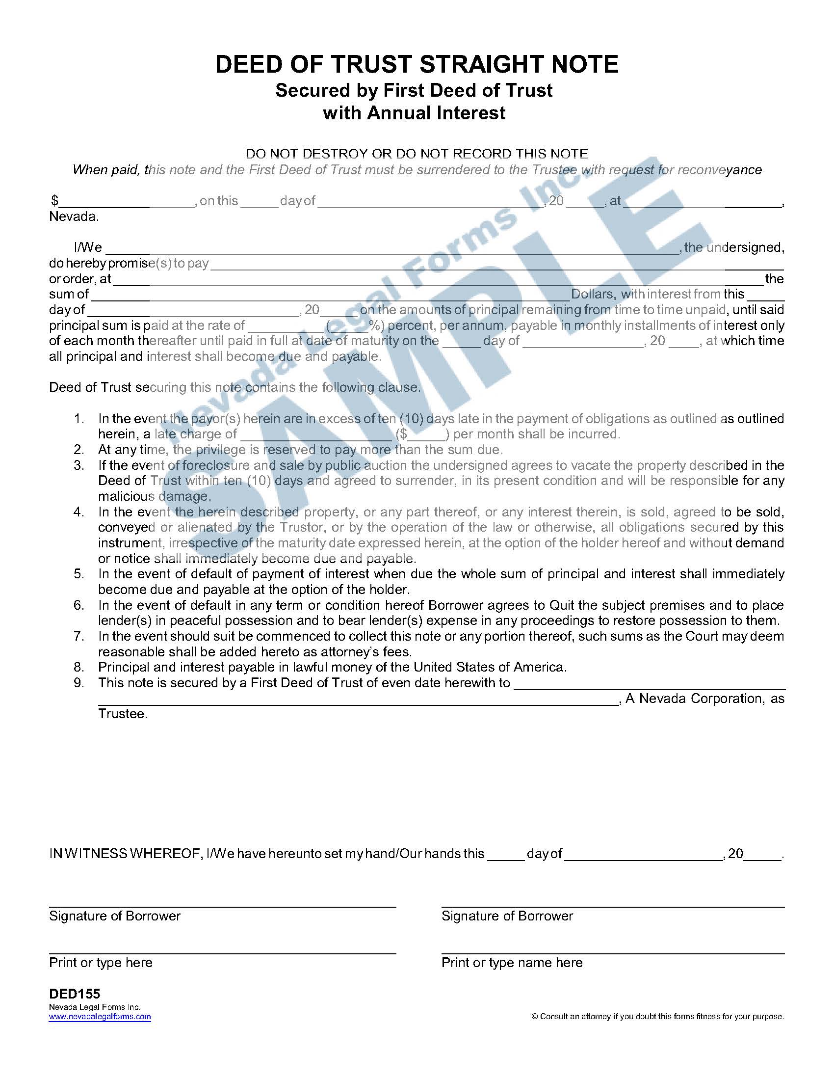 DEED OF STRAIGHT NOTE Nevada Legal Forms Services