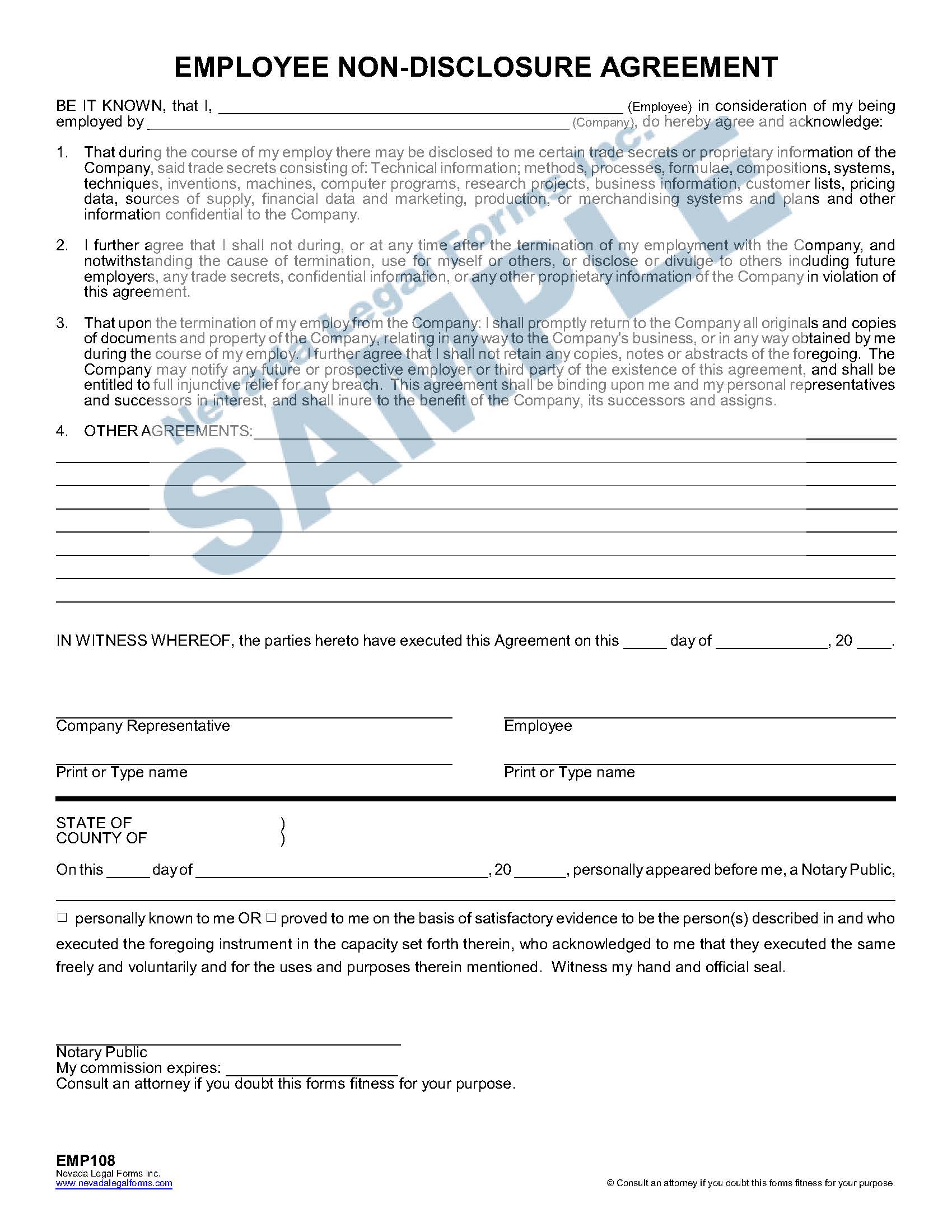Employee Non Disclosure Agreement Nevada Legal Forms Services