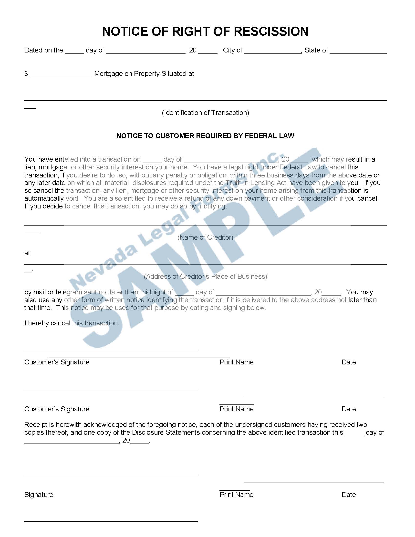NOTICE OF RIGHT OF RESCISSION Nevada Legal Forms Services