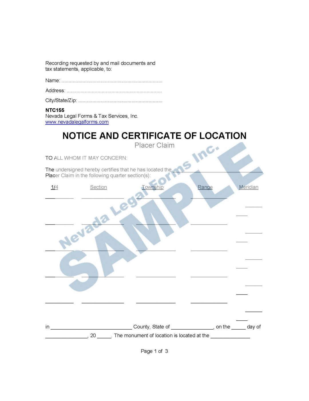 Notice And Certificate Of Location Placer Claim Nevada Legal Forms And Services 5336