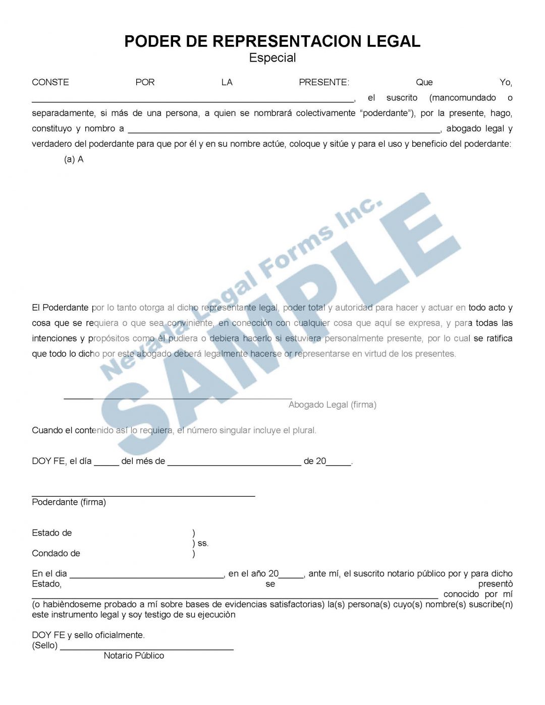 Poder De Representacion Legal Especial Nevada Legal Forms And Services 5838