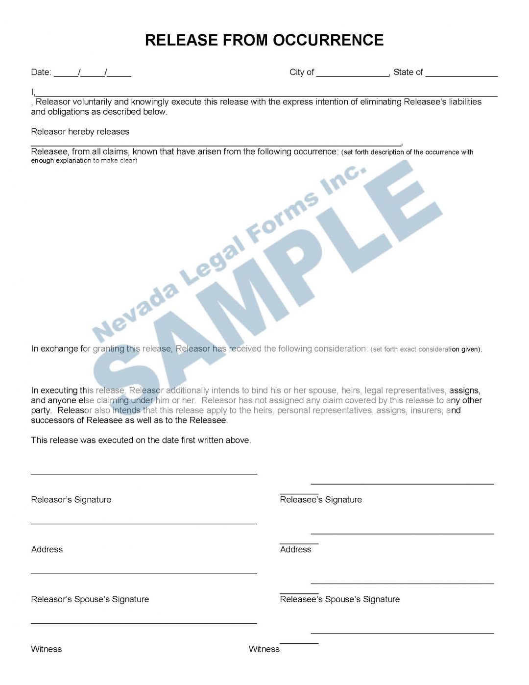 Release From Occurrence Nevada Legal Forms And Services 0388