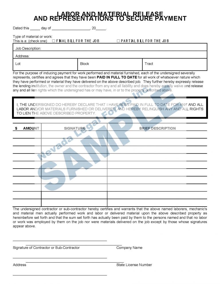 LABOR & MATERIAL RELEASE Nevada Legal Forms & Services