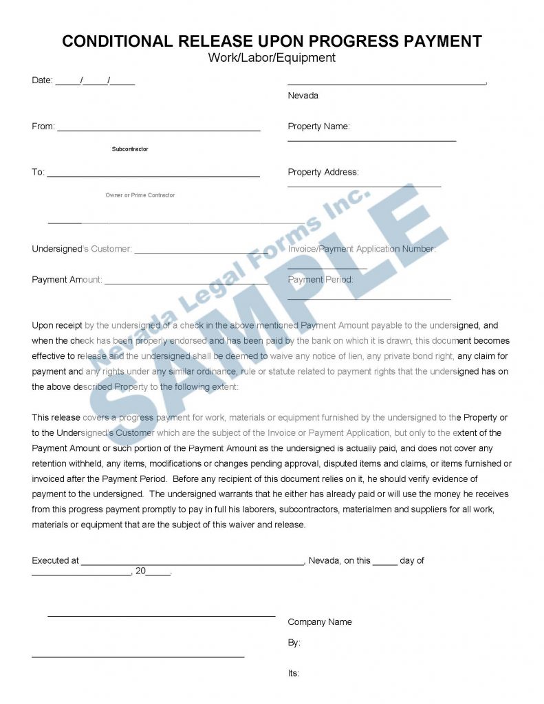 CONDITIONAL RELEASE UPON PROGRESS PAYMENT (Work/Labor/Equipment ...