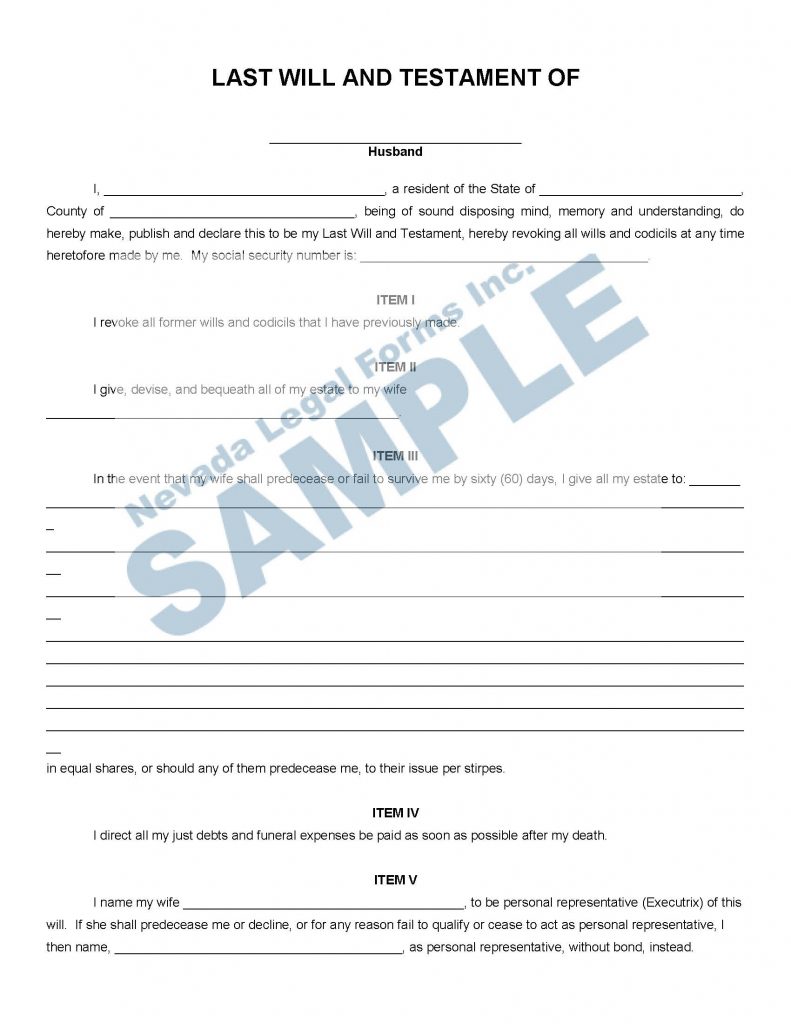 LAST WILL AND TESTAMENT OF (Husband and Wife) | Nevada Legal Forms ...